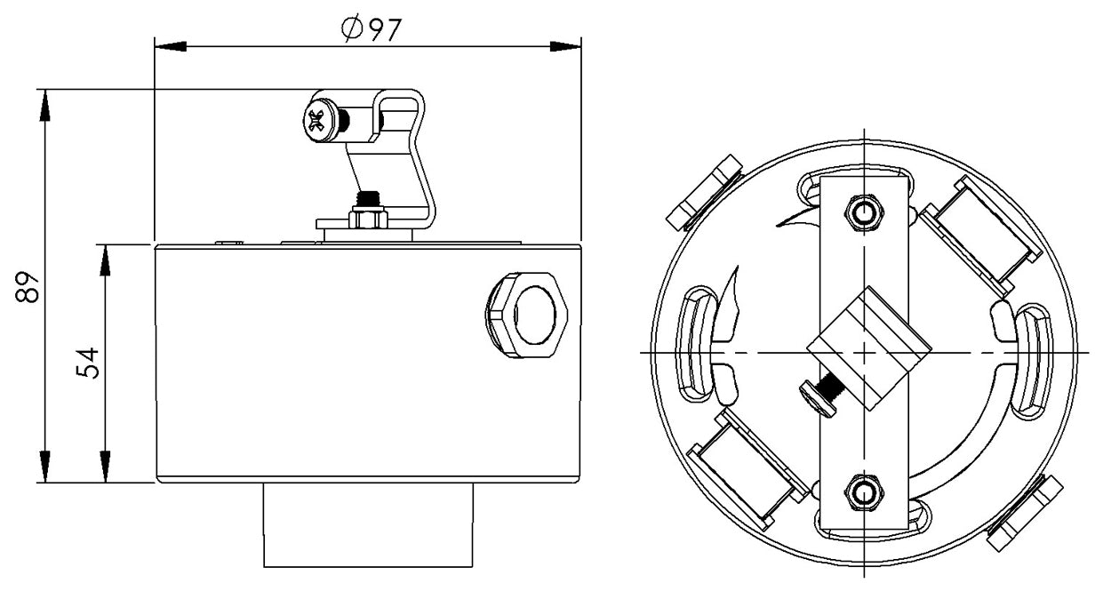 Massplan Porzellansockel Ø 84.5mm Gewinde IP54 Weiss, mit seitlichen Eingängen und Aufhängevorrichtung | Ifö Electric